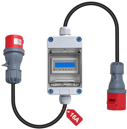 CPROSP Contador Eléctrico Trifásico Móvil 16A 400V, Contador Digital con Enchufe y Acoplamiento CEE, Cable de 3 m, para Caravana, Vehículos Eléctricos, Camping, IP65