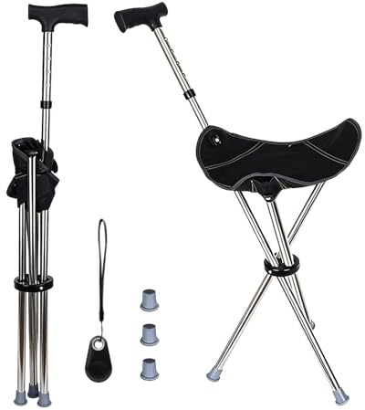 Vandringsstav med sittdel, bärbar 2-i-1-trebensstav, med Bluetooth-larm för att markera position, höjdjusterbar från 85 till 95 cm, bärkraft 150 kg, lämplig för camping, resor och fiske.