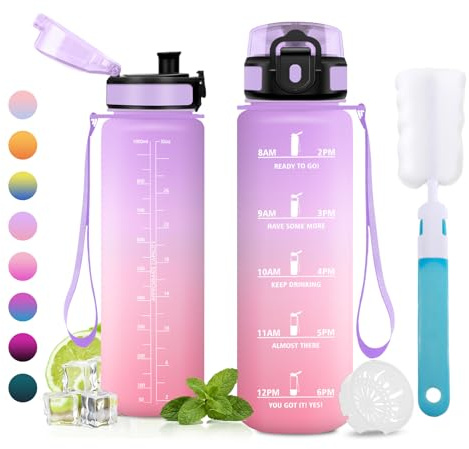 JAPORIA Borraccia 1L, Borraccia con Indicatore del Tempo Motivazionale, a Prova di Perdite, Bottiglia Acqua con Filtro, Borracce senza BPA per Scuola, Ufficio, Palestra