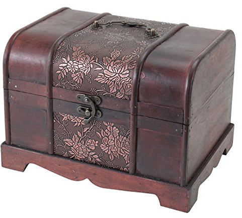 HMF Schatztruhe aus Holz, kleine Schatzkiste mit Vintage Metallverschluss für Kindergeburtstag, Hochzeit oder Jubiläum | 30 x 23 x 21 cm | Japan