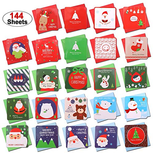 HOWAF 144 Piezas Pequeñas Tarjetas de Navidad, Tarjetas de Felicitaciones de Navidad con Sobres, Fiestas,Cumpleaños