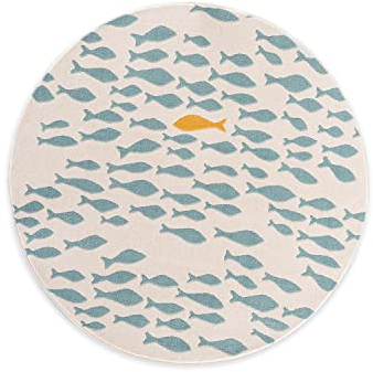 DomDeco Kinderteppich mit Fisch-Motiv - kuschelig weicher Kurzflor für Kinderzimmer - Ø120 cm in Creme/Hellblau