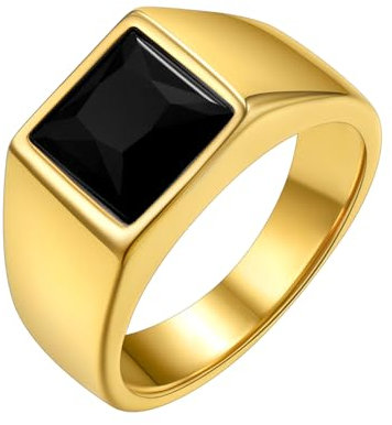 GoldChic Gold Ring Damen Herren Edelstahlring Siegelring mit schwarzem Stein Eheringe 54mm Solitärring Bandring Schmuck Accessoires