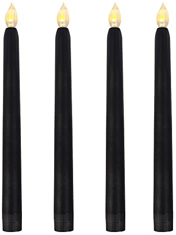 CANDLE CHOICE Black Halloween Flameless Taper Candles with Timer 9” Tall Long Flicking Fake Battery Operated Electric LED Candlesticks for Candelabra Halloween Party Decoration Table Centerpiece 4 PCS