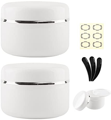 Alledomain 2pcs 250ml/250g White Cosmetic Sample Jars with 3Pcs Mini Spatulas & 6 Labels, Plastic Refillable Travel Pot Containers with Silver Dome Lids & Inner Liners for Makeup Creams Beauty Nails