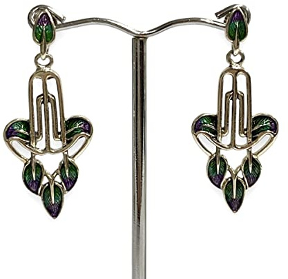 Art Nouveau Style Floral Enamel Earrings and Pendant Set 925 Sterling Silver (Earrings)