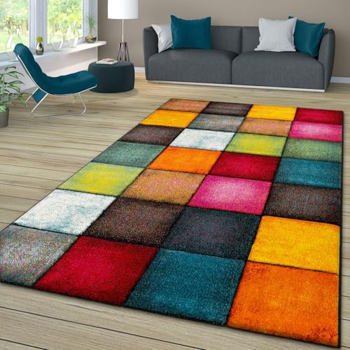 TT Home Wohnzimmer Teppich Bunt Kurzflor Wohnzimmerteppich Meliert 3D Optik Geometrisch, Farbe:Grau Rot Gelb, Größe:60x110 cm