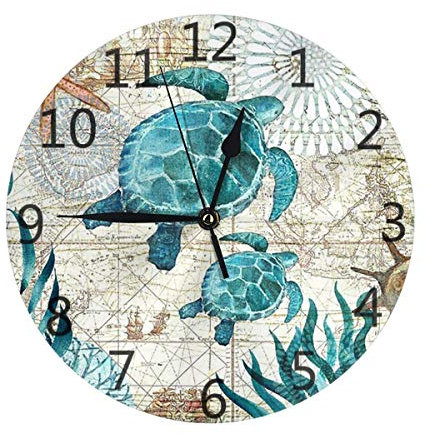 Ronde Horloge Murale Tortue Marine Vintage Pendule Murale Silencieuse Décoration D'Intérieur Vintage Cuisine Horloge pour Cuisine Bureau École
