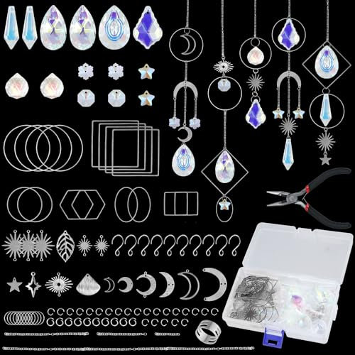 lasuroa 200 Pièces Kits de Fabrication d'Attrape-Soleil, Attrape-lumière Multi-Styles à Faire Soi-Même Artisanal avec Crochets, Chaînes, Prisme Suspendu Décoration pour Fenêtre, Jardin (Argent)
