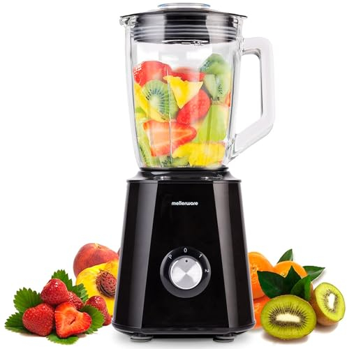 Mellerware - Batidora de vaso Mixy! 1500 W | Jarra de vidrio de 1.5L | 2 velocidades + TURBO | Procesador de alimentos profesional con cuchillas de 6 hojas | Rompehielos | Negro