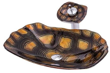 Fregadero de baño Lavabo de baño, lavabo de vidrio templado, fregadero con patrón de tortuga, grifo de cascada pintado a mano, lavabo, lavabo de tocador Vanidad de lavabo(B)