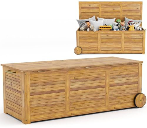 COSTWAY 180L Garden Storage Box, 127cm Acacia Wood Deck Box with 2 Wheels, Side Handle, Waterproof Cover, Garden Storage Bench Chest Organizer for Cushion Tools Toys