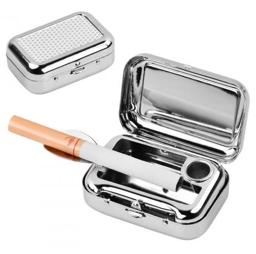 Dokeno Zigaretten Taschenascher Quadratischer Metall-Aschenbecher mit Deckel Mini Mobiler Aschenbecher für Unterwegs Reisen Wandern Freien Camping Angeln (Silver）