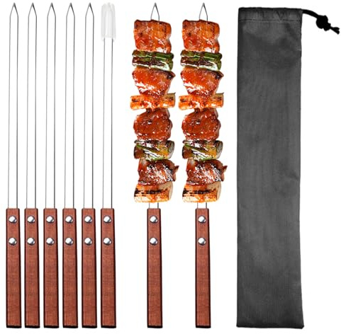 8 stycke platta grillspett rostfritt stål, 40 cm lång återanvändbar grillspett, trähandtag, väska, kebab-spett, grilltillbehör
