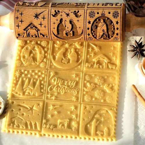 Mattarello, Mattarello In Legno 3D per Goffratura, Superficie Antiaderente, 9 Diversi Modelli di Griglia della Finestra per Biscotti, Griglia Quadrata