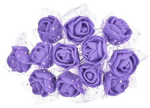 PATIKIL Mini Rosas Artificiales Cabezas de Flores 2.5cm, 144Pcs de Rosas Falsas de Espuma a Granel con Gasa para Ramo de Boda, Boutonnieres, Manualidades de Pastel, Morado