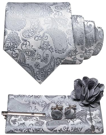 JEMYGINS Corbata de cachemira para hombre con pañuelo de bolsillo, clip de corbata, broche de flores y gemelos
