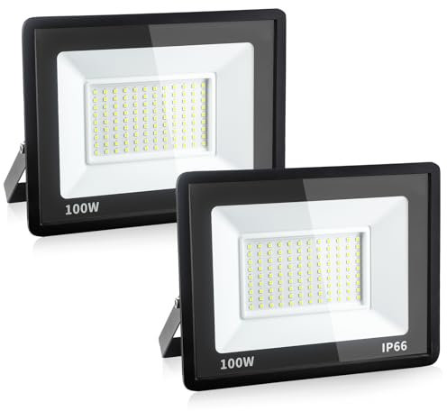 Psatfito G 100W LED Floodlight Outdoor, 10800LM Super Bright LED Security Lights, IP66 Waterproof, 6000K Daylight White Flood Lights Wall Light for Warehouse, Garage, Backyard, 2 Pack