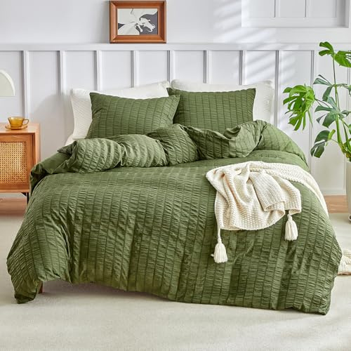 DuShow Juego de funda de edredón tamaño King, juego de ropa de cama de 3 piezas de sirsaca verde oliva, juego de edredón texturizado con 2 fundas de almohada para cama King, juego de funda de edredón