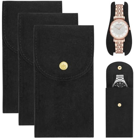 CATOR étui 3 pièces pour montre de voyage, sac portable avec bouton pression, en flanelle sac de rangement pour voyages en plein air (Noir)
