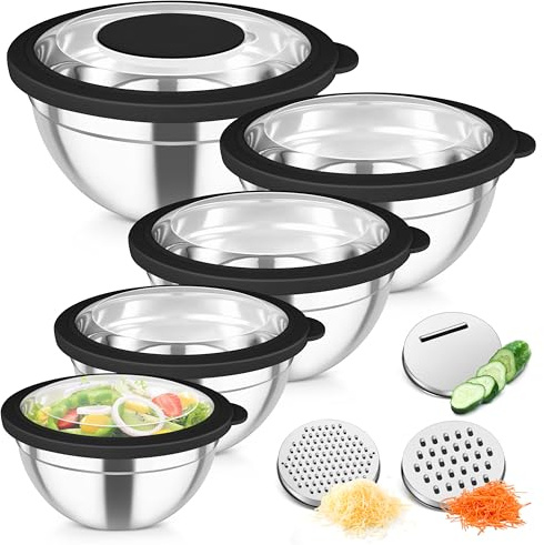 TeamFar Mixing Bowls, Stainless Steel Salad Serving Bowl with Clear Lids & 3 Graters, For Kitchen Cooking Prepping Storing, Size 4.6/2.6/1.5/1/0.7 QT, Nesting & Airtight, Set of 5 & Black