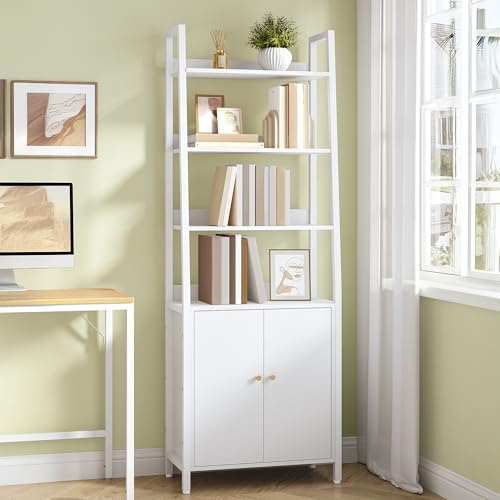 HEXCELEN Librería de 6 Niveles con Puertas, Estantería Vertical de Escalera, Estantería con 4 Estantes Abiertos, Marco de Acero, Estantes Ajustables, para Salón, Dormitorio, Moderno, Blanco