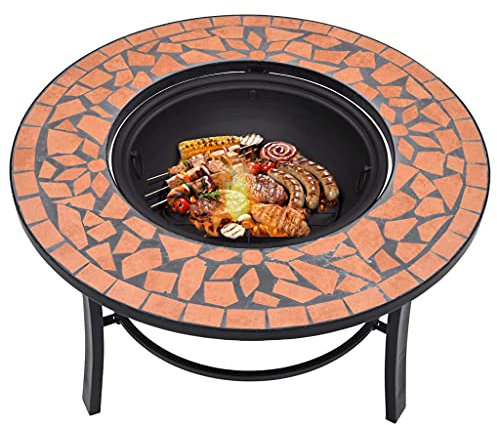 Fogata de mosaico, cuenco de acero y cerámica terracota de 68 x 68 x 45 cm con soporte de tres patas, mesa redonda para barbacoa, incluye mesa, olla, rejilla aislante negra