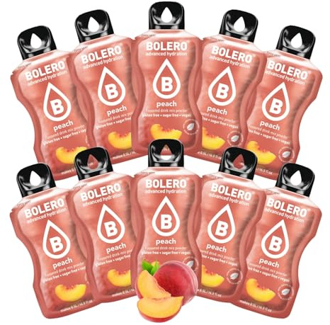 BOLERO Pêche - 10 sticks de poudre aromatisante pour boisson sans sucre | Arôme pêche - 1 stick de 9 g pour 4 litres d'eau aromatisée - Édulcoré à la stevia - Sans conservateur ni colorant artificiel