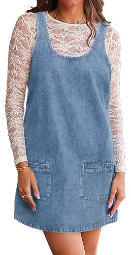 POLIRO Denim Overall Dress Jean Mini Sleeveless Western Tank Country Concert Romper Dresses with Pockets for Women 2025 Vintage Short Blue Crew Neck Size X-Large Size 16 18