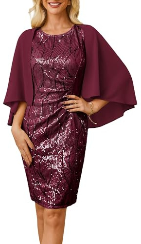 GRACE KARIN Women Prom Dress Sparkly Sequin Cocktail Dress with Chiffon Shawl Round Neck Formal Evening Party Midi Dresses Wine Red L