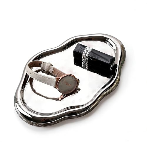 Dekorativ bricka i keramik, molnformad smyckesskylt för display och förvaring Nyckelklockor Örhängen Armband Halsband Ringar, Entrébordsfat (Silver Oval)