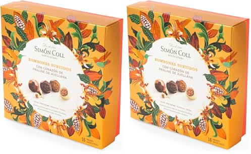Bombones surtidos con interior de Praliné de Avellana, Caja de 16 unidades, 144g | Simón Coll (Paquete de 2)