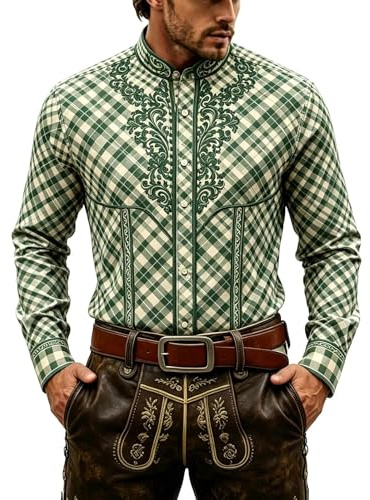 Generisch Camisa de manga larga con botones y cuello alzado, ajuste informal, ideal para fiestas de cerveza de uso diario., verde, M