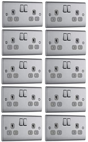 10 x BG Nexus NBS22G Twin Switch Sockets 13 Amp Double Pole Brushed Steel/Grey Inserts