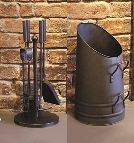 Set pour cheminée à charbon et à bois ; Garden Mile® Style Vintage, accessoires : haut seau de métal à charbon, seau de métal à bois, porte-bûches.