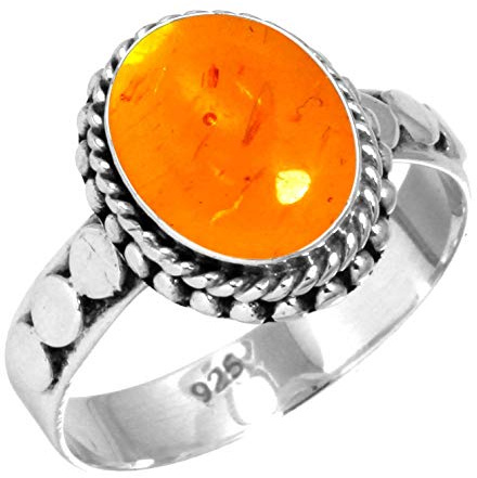 Jeweloporium Anello in argento con ambra arancione, misura 25, anello in argento sterling 925 per donna, gioielli boho con pietra ovale
