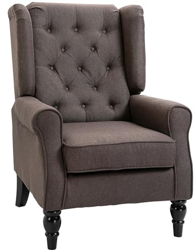 HOMCOM Retro Accent Chair, Snow Flannel Wingback Armchair with Wood Frame Button Tufted Design for Living Room Bedroom, Brown