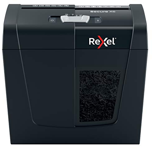 Rexel Aktenvernichter Secure X6, Partikelschnitt, 7-6 Blatt A4 (70-80 g/m²) Kapazität, Sicherheitsstufe P4, 10L Abfallbehälter, leise & kompakt, für zu Hause / Home Office, schwarz, 2020122EU