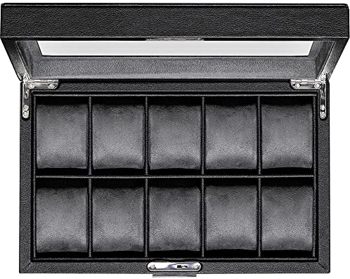 ROTHWELL 10 Slot Leather Watch Box - Luxury Watch Case Display Organizer, Ultra Soft Microsuede Liner, Locking Jewelry Watches Holder With Large Glass Top (Black/Grey)