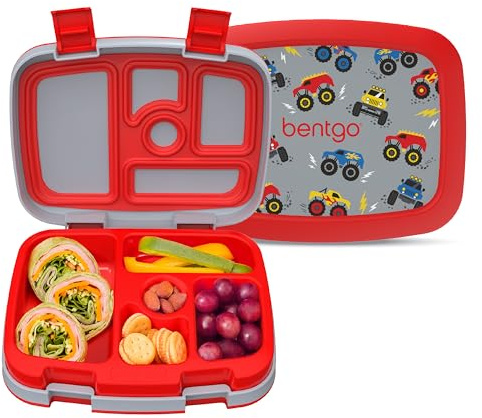 Bentgo Kids Prints Leak-Proof, 5-Compartment Bento-Style Kids Lunch Box - Ideal Portion Sizes for Ages 3-7, Durable, Drop-Proof, Dishwasher Safe, & PFAS & BPA-Free Materials (Trucks)