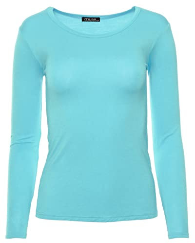 Easy Young Fashion - Damen Basic Rundhals Shirt - Langarm Unterziehshirt - Skinny Fit 1093 - Cyan S
