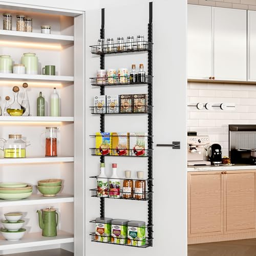 Churboro Étagère de rangement pour garde-manger avec 6 paniers réglables, 6 niveaux, étagère à épices à double usage – Étagère à épices suspendue ou murale – Organiseur de porte de garde-manger, noir
