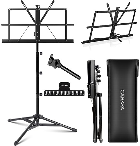 CAHAYA Portable Sheet Music Stand: Dual Use Desktop Book Holder Folding Lightweight Extra Stable Reinforced with Carrying Bag and Clip for Students Musicians Height Adjustable up to 67 CCMS0305