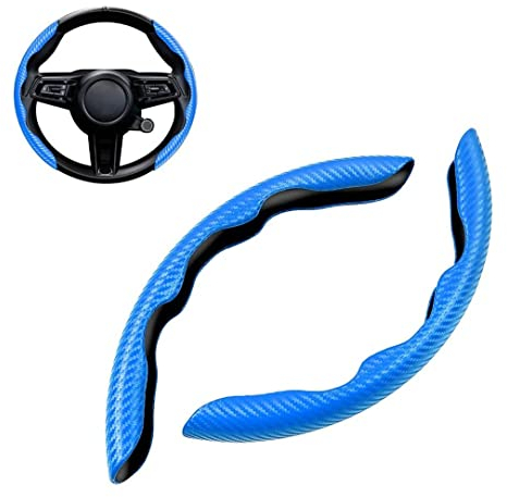 Car Steering Wheel Cover, Universal Carbon Fiber Segmented Steering Wheel Protection, 2 Pcs Non-slip Auto Assisted Gear Cover (Blue)