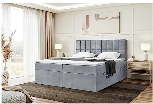 MEBLINI Boxspringbett mit Bettkasten - 140x200 - Gepolstert Doppelbett mit Matratze und Topper - Polsterbett mit Stauraum - Bett mit Kopfteil - Stauraumbett - Lukas - H4/Grau Samt