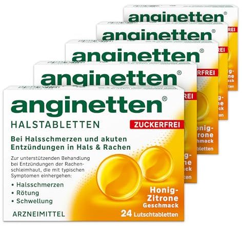 anginetten Halstabletten zuckerfrei | schmerzlindernde Lutschtabletten Honig-Zitronen Geschmack | bei Halsschmerzen, Rötungen & Schwellungen | beruhigt den Hals, desinfiziert den Rachen | 5 x 24 St