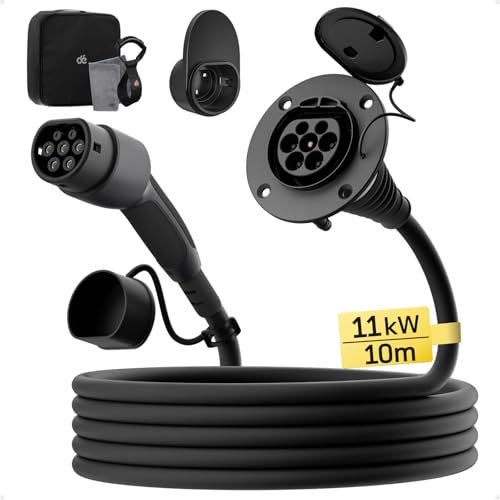 dé Cable Alargador de Carga para Coche Electrico Tipo 2 [10m, 11kW, 16A] Cable de Carga Trifásico 400V, con Clasificación IP54, Compatible con Todos Los BEV y HPEV IEC62196-2, con Bolsa de Transporte