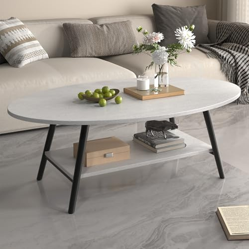 Hawthyhome Side Table 2-Tier Coffee Table with Storage Shelf, Modern Wood Accent Side Table with Sturdy Metal Frame, Industrial Sofa Table for Living Room Bedroom Office, Oval, 90*60*43cm, Lvory White
