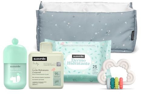 Suavinex, Regalo Bebé Recién Nacido, Canastilla Bebé con Organizador con: Leche Hidratante 300 ml + Colonia Bebés Baby Cologne Memories 100 ml + Toallitas Dermohidratantes + Mordedor Silicona, Azul