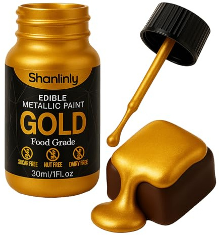 Shanlinly Gold Edible Luster Dust - 30ml Liquid Edible Cake Paint Gold Metallic Food Coloring, Perfect for Art Decorative Shimmer Cake Decorating, Cookies,Cupcakes,Cocktails,Wedding,Birthday